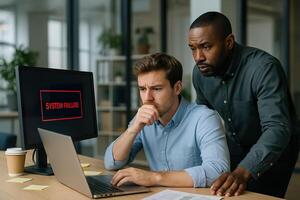 Two men looking at a computer screen with a red box on it photo
