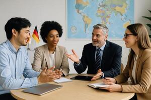 Four business people sitting around a table talking photo