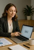 A woman in a business suit is looking at a laptop screen photo