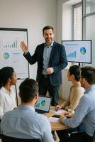 A man in a suit is giving a presentation to his colleagues photo