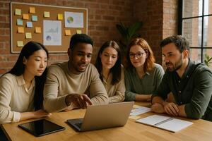 A group of people sitting around a table looking at a laptop photo