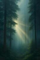 A painting of a forest with sun rays shining through the trees photo