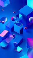 3d rendering of a blue and purple background with cubes and bubbles photo
