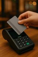 Minimalist Credit Card Payment on Warm Wooden Counter with Soft Lighting photo