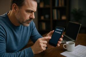 Focused Man Using Smartphone for Digital Finance in Cozy Teal Office photo