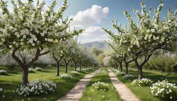 Idyllic Orchard with Flowering Apple Trees A Vibrant Spring Background photo