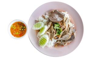 Top view of rice with duck stewed, focus selective photo