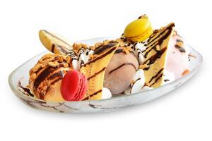 ice cream with banana and chocolate sauce and Macarons, focus selective photo