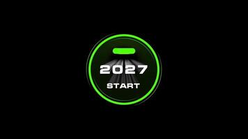 Start button with glowing 2027 text on black background video