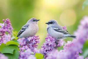 Two birds on the lilac tree photo
