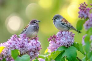 Two birds perched on a branch of lilas photo