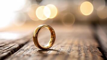 Elegant gold ring focus on textured wood surface macro photography shallow depth of field captivating bokeh effects video
