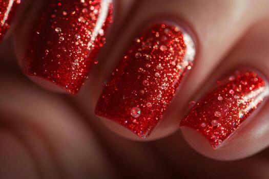 Close-up of sparkling red nails with glossy glitter polish. Stylish fingernails manicure photo
