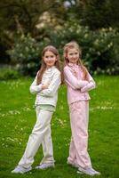Two friendly girls in light-toned clothing with smiles enjoying a spring day in the park, standing on green grass. photo
