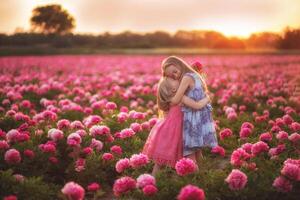 two sisters hugging in a peony field against the backdrop of sunset photo
