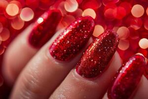 Close-up of nails with red glitter manicure photo