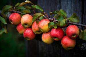red apples on a branch on a dark background. photo