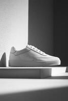 Minimal white sneaker on abstract steps with geometric background photo