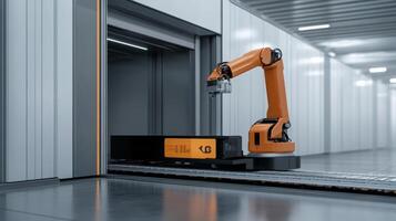 Industrial robotic arm unloading cargo in a modern warehouse environment showcasing automation technology and efficiency in logistics operations concept photo
