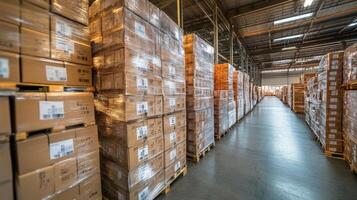 Warehouse interior with stacked boxes and pallets showcasing organized storage space for efficient logistics and inventory management concept photo