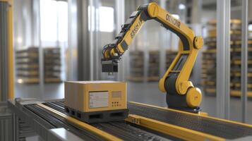 Industrial robotic arm handling package in modern warehouse environment showcasing automation technology and efficiency concept photo