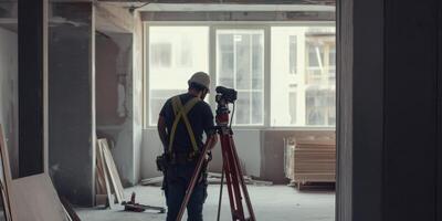 Construction worker using a total station for surveying in an unfinished building interior, modern architecture, engineering, construction site, surveying concept photo