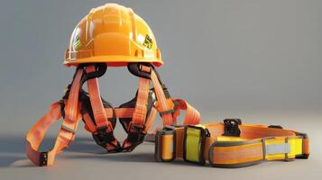 Safety harness and helmet equipment for construction workers ensuring protection and compliance in hazardous environments safety gear concept photo