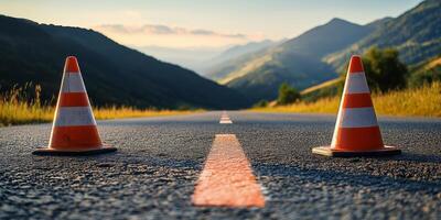 Traffic cones marking a closed road in a scenic mountainous landscape during sunset, emphasizing road safety and caution concept photo