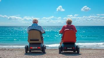 Seniors enjoying a peaceful beach day on mobility scooters, overlooking the serene ocean waves and bright blue sky, promoting independence and leisure lifestyle concept photo