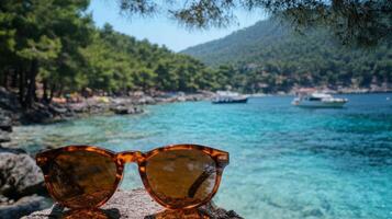 Sunglasses resting on a rocky shore with a stunning turquoise sea and lush green trees in the background, perfect for summer vacation and relaxation concept photo