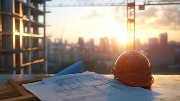 Construction site at sunset with safety helmet and blueprints showcasing urban development and engineering progress in a vibrant cityscape healthy building concept photo