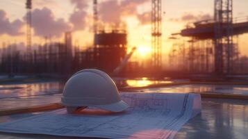 Construction site at sunset with hard hat and blueprints showcasing the importance of planning and safety in building projects, construction management concept photo
