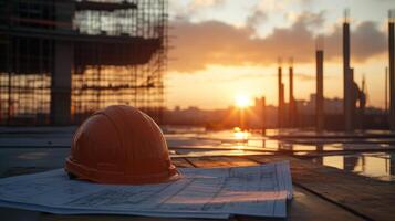 Construction site at sunset with safety helmet and blueprints, showcasing the importance of safety in building projects, construction safety concept photo