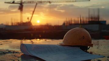 Construction site at sunset with safety helmet and blueprints showcasing the importance of planning in building projects, construction management concept photo