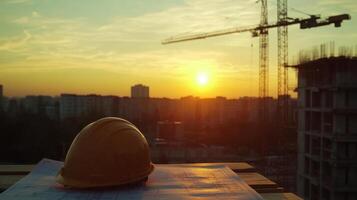 Construction helmet resting on blueprints with sunset view over city skyline and crane in background, representing construction industry concept photo