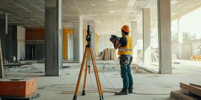 Construction worker using a total station for surveying in a modern building site, ensuring precision and accuracy in measurements, construction planning concept photo