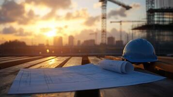 Construction site at sunset with blue safety helmet and architectural plans showcasing urban development and teamwork in progress healthy living concept photo