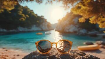 Sunglasses resting on a rock by the serene beach with turquoise water and golden sunlight creating a perfect summer vibe and relaxation concept photo