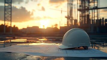 Construction site at sunset with safety helmet and blueprints, showcasing the importance of safety in building projects, construction safety concept photo