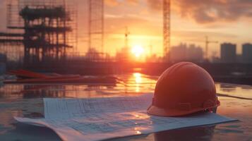 Construction site at sunset with safety helmet and blueprints showcasing the importance of planning and safety in building projects, construction safety concept photo