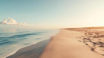 Soft sand and calm sea create a tranquil atmosphere on an empty beach at sunset photo
