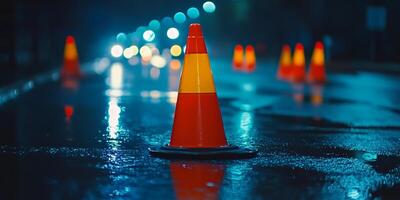 Traffic cones illuminated by streetlights on a rainy night create a vibrant urban scene showcasing safety and caution in city environments, safety concept photo