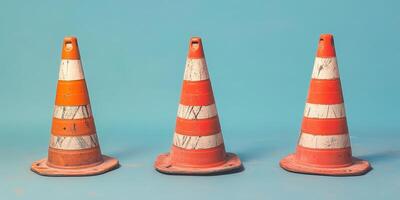Traffic cones arranged in a row on a blue background, highlighting their vibrant colors and unique design, ideal for construction and safety themes, traffic safety concept photo