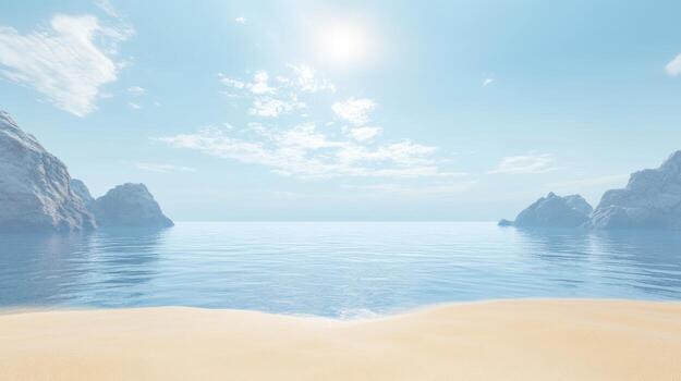 Stunning minimalistic view of a tranquil beach with soft sand and calm sea under clear blue sky in midday sun photo