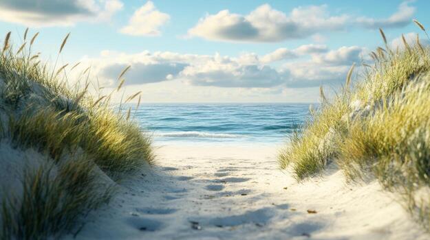 sereno ver de un minimalista vacío playa con suave arena y calma agua debajo un brillante cielo foto