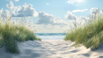 Serene coastal escape with smooth sand, gentle waves, and a clear sky inviting relaxation and tranquility photo