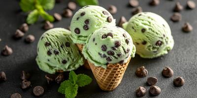 Mint chocolate chip ice cream cone invites summer fun and indulgence in a vibrant dessert setting photo