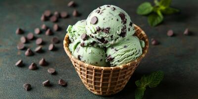 Mint chocolate chip ice cream cone offers a refreshing treat perfect for summer fun and outdoor enjoyment photo
