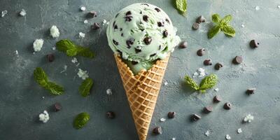 Enjoy mint chocolate chip ice cream cone in a playful summer setting alongside mint leaves and chocolate chips photo