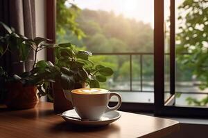 a cup of coffee on the background of the window. or generative photo